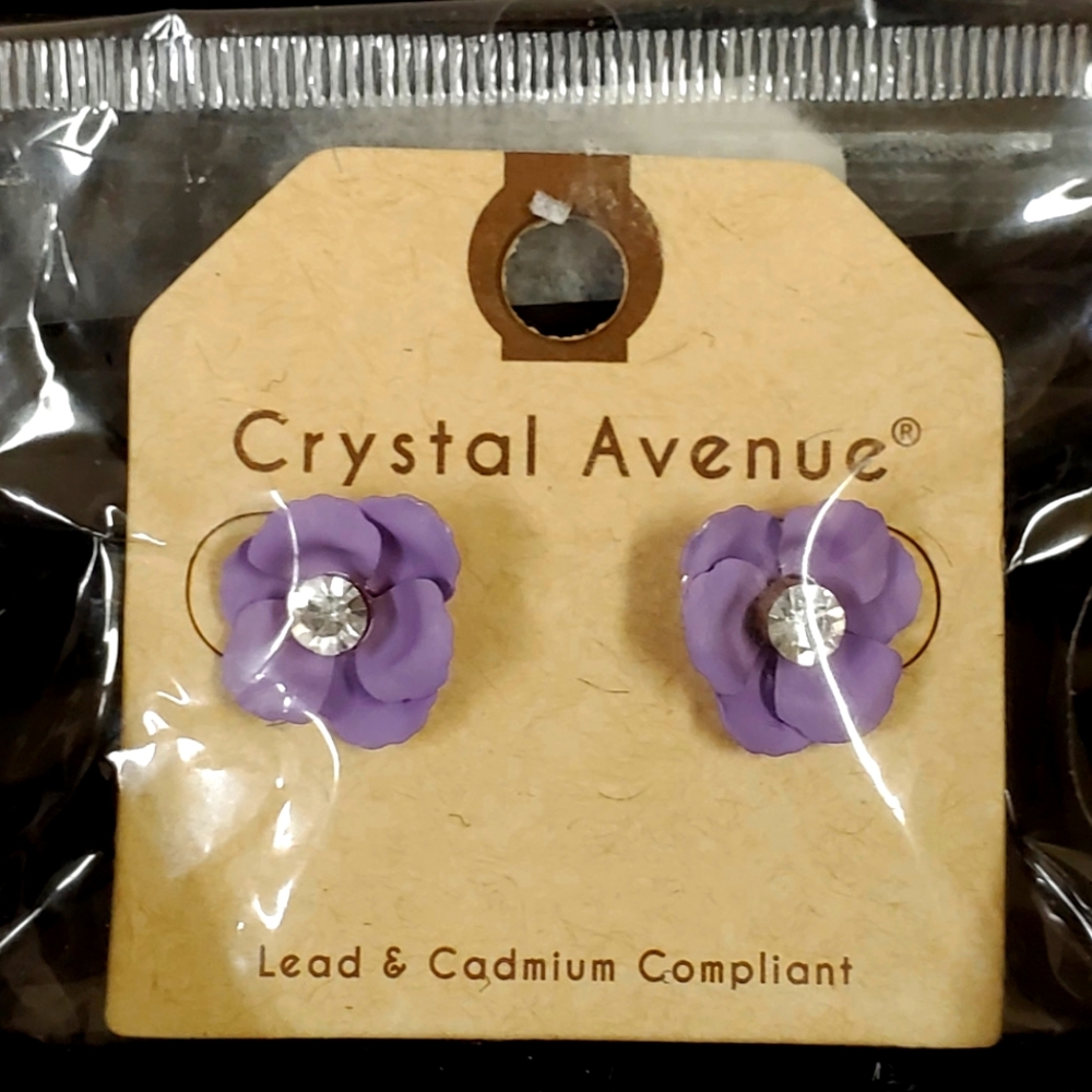 Purple Flower Earrings with Rhinestone center